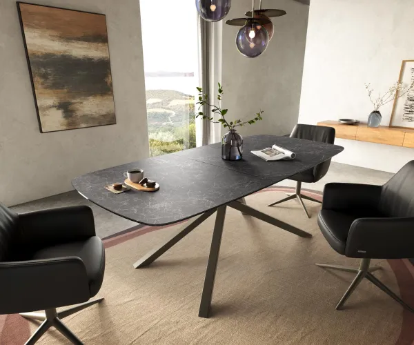 DELIFE Jedálenský stôl Edge zaoblený 180-220×100 cm keramika Laminam® Nero Greco antracitová krížová podstava hranatý titánová farba rozkladací
