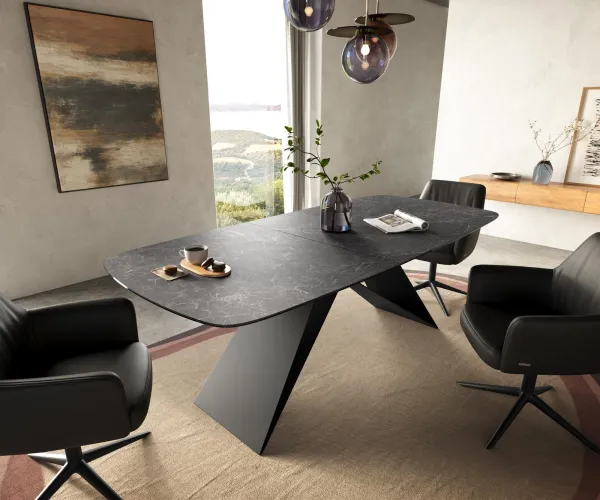 DELIFE Jedálenský stôl Edge zaoblený 180-220×100 cm keramika Laminam® Nero Greco antracitová podstava v tvare V plochá oceľ čierna rozkladací