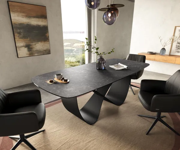 DELIFE Jedálenský stôl Edge zaoblený tvar 180-220×100 cm keramika Laminam® Nero Greco antracitová Infinity kov čierna rozkladací