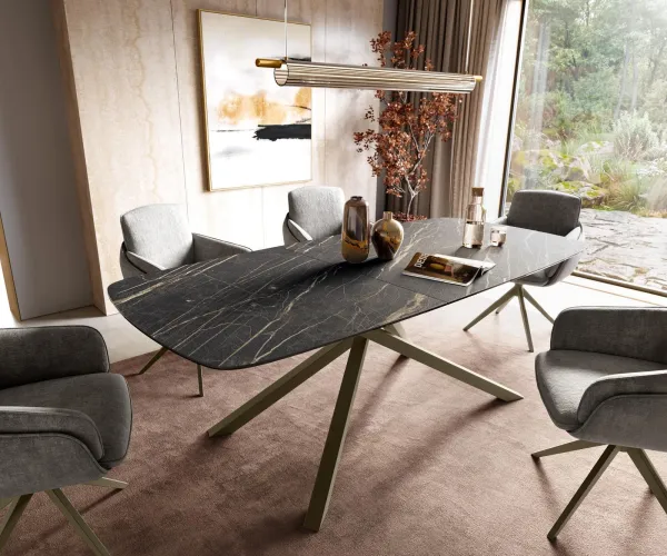 DELIFE Jedálenský stôl Edge zaoblený tvar 180-220×100 cm Laminam® keramika Noir Desir hnedá krížová podstava hranatý Titanová farba rozkladací