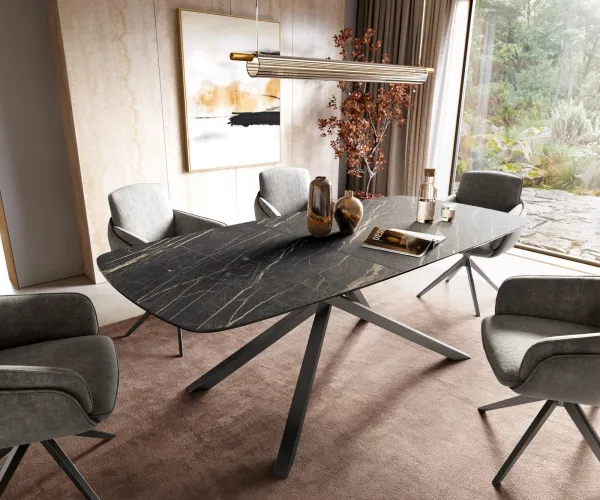 DELIFE Jedálenský stôl Edge zaoblený 180-220×100 cm Laminam® keramika Noir Desir hnedá krížová podstava obdĺžnik nerezová oceľ grafit rozkladací
