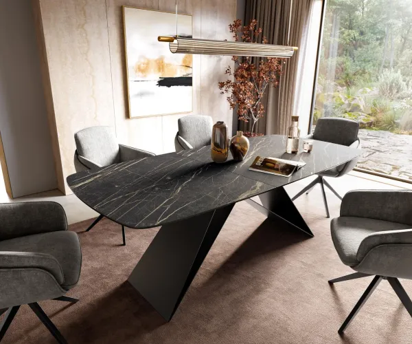 DELIFE Jedálenský stôl Edge zaoblený tvar 180-220×100 cm Laminam® keramika Noir Desir hnedá podstava v tvare V plochá oceľ čierna rozkladací