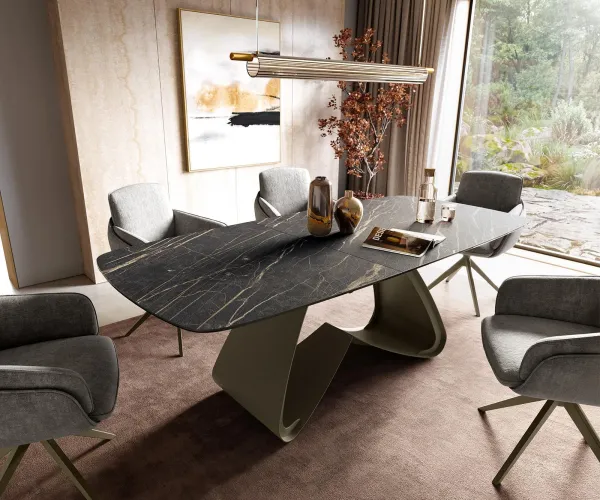 DELIFE Jedálenský stôl Edge zaoblený tvar 180-220×100 cm Laminam® keramika Noir Desir hnedá podstava v tvare W kov titánová farba rozkladací