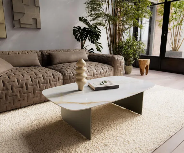 DELIFE Konferenčný stolík Edge zaoblený tvar 120×70 cm keramika onyx perla Salto kov titánová farba efekt