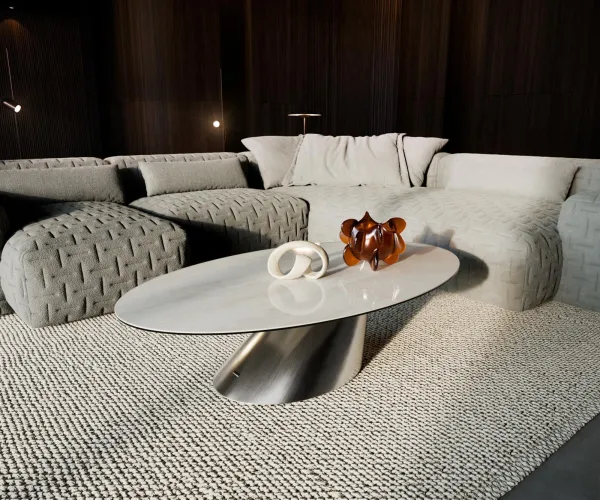 DELIFE Konferenčný stolík Edge oválny 135×80 cm keramika onyx champagne Conis nerezová oceľ kefovaná