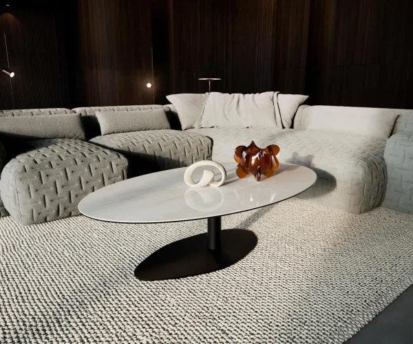 DELIFE Konferenčný stolík Edge oválny 135×80 cm keramika onyx šampanské vibany kov čierna