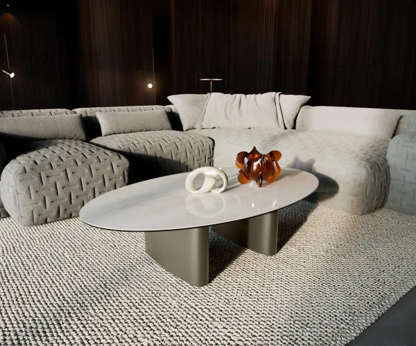 DELIFE Konferenčný stolík Edge oválny 135×80 cm keramika onyx champagne Ovada titánová farba efekt