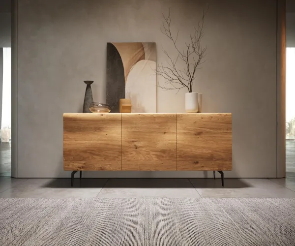 DELIFE Komoda New Live-Edge 145 cm dub prírodná 3 dvierka kovová podstava v tvare L čierna