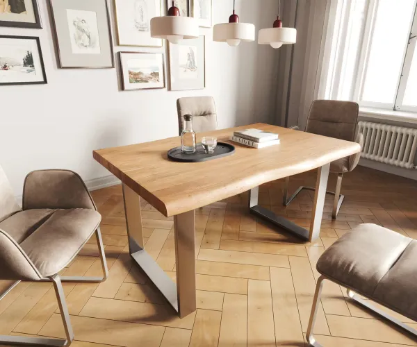 DELIFE Jedálenský stôl Edge 140x90 XL akácia prírodná nerezová oceľ úzky Live-Edge