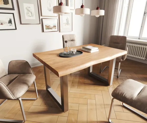 DELIFE Jedálenský stôl Edge 140x90 XL akácia prírodná nerezová oceľ široký Live-Edge