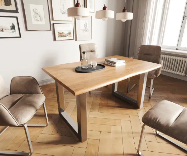 DELIFE Jedálenský stôl Edge 140x90 akácia prírodná nerezová oceľ široký Live-Edge