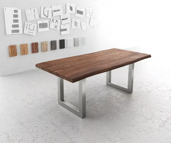 DELIFE Jedálenský stôl Edge 200x100 XL akácia hnedá nerezová oceľ široký Live-Edge