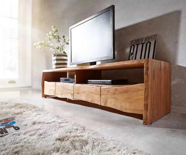 DELIFE TV stolík Live-Edge 230 cm akácia prírodná masívny 4 zásuvky