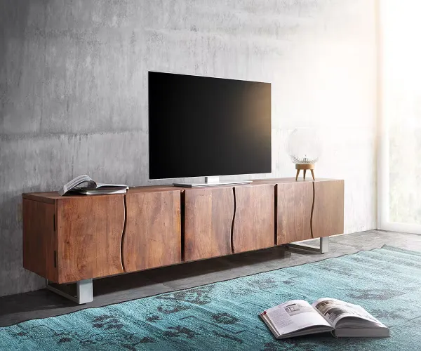 DELIFE TV stolík Live-Edge 220 cm akácia hnedá masívny 6 dvierka