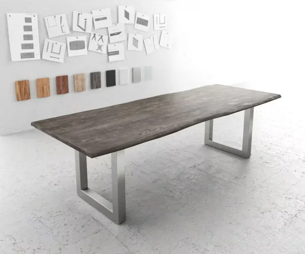 DELIFE Jedálenský stôl Edge 260x100 akácia platinová nerezová oceľ široký Live-Edge