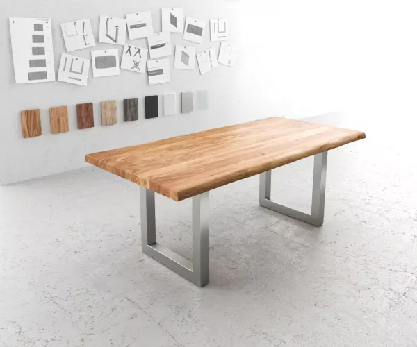 DELIFE Jedálenský stôl Edge 200x100 XL akácia prírodná nerezová oceľ široký Live-Edge