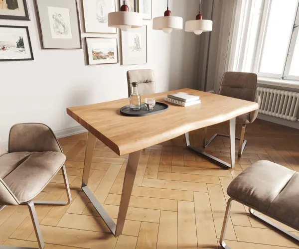 DELIFE Jedálenský stôl Edge 140x90 XL akácia prírodná nerezová oceľ šikmý Live-Edge