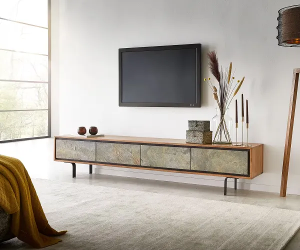 DELIFE TV stolík Juwelo 200 cm akácia prírodná so kamennou dyhou 4 dvierka