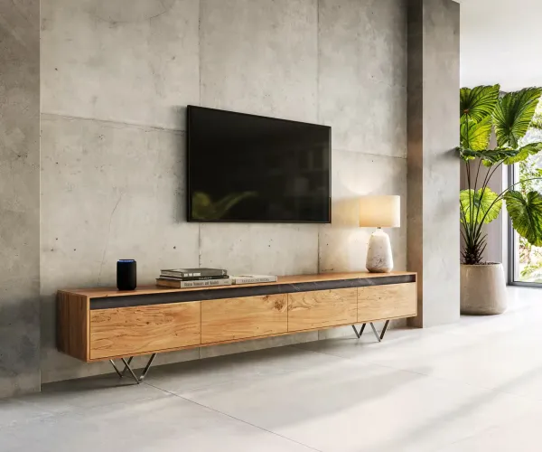 DELIFE Dizajnový TV stolík Stonegrace 240 cm akácia prírodná bridlica 4 dvierka