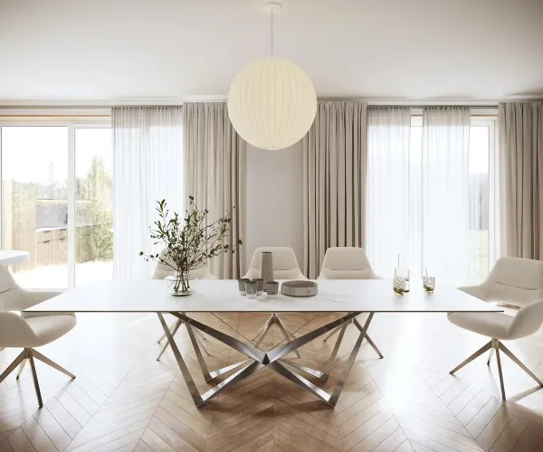 DELIFE Jedálenský stôl Edge 300x100 cm keramika Laminam® Statuarietto biela Spider plochá nerezová oceľ