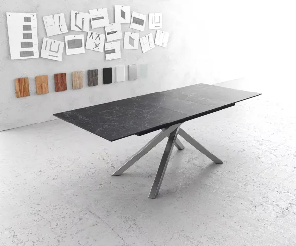 DELIFE Jedálenský stôl Edge 180-220x90 cm keramika Laminam®Nero Greco antracitová krížová podstava obdĺžnikový nerezová oceľ rozkladací