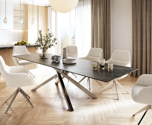 DELIFE Jedálenský stôl Edge 300x100 cm keramika Laminam®Noir Desir hnedá krížová podstava obdĺžnik nerezová oceľ