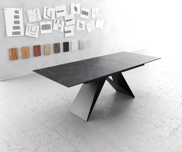 DELIFE Jedálenský stôl Edge 180-220x90cm keramika Laminam®Nero Greco antracitová podstava v tvare V čierna rozkladací