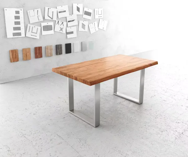 DELIFE Jedálenský stôl Edge 160x90 cm XL akácia prírodná nerezová oceľ úzky Live-Edge