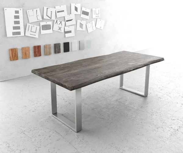 DELIFE Jedálenský stôl Edge 220x100 cm XL akácia platinová nerezová oceľ úzky Live-Edge