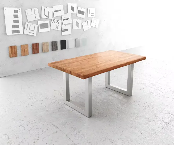 DELIFE Jedálenský stôl Edge 160x90 cm XL akácia prírodná nerezová oceľ široký Live-Edge