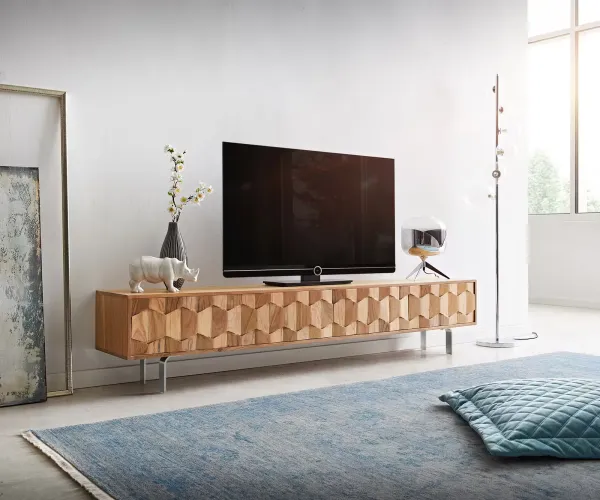 DELIFE TV stolík Fevo 200 cm akácia prírodná 4 dvierka podstava v tvare L