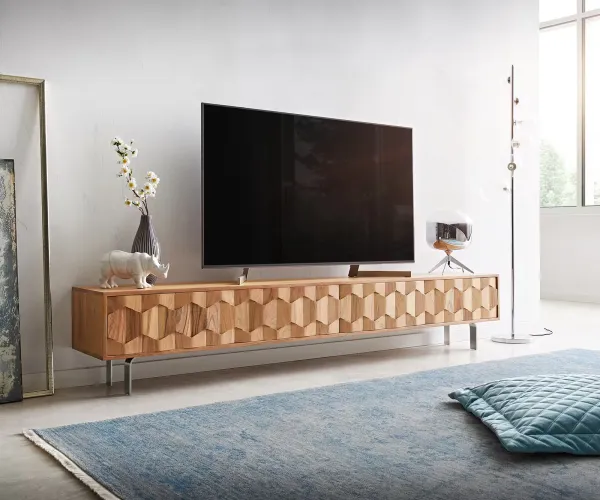 DELIFE TV stolík Fevo 220 cm akácia prírodná 4 dvierka podstava v tvare L