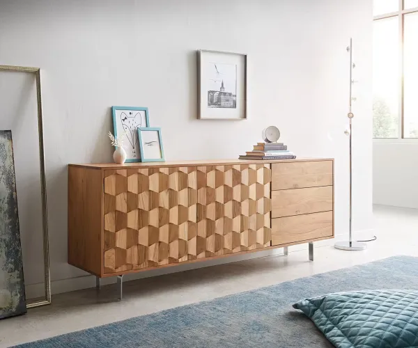 DELIFE Komoda Fevo 175 cm akácia prírodná 2 dvierka 3 zásuvky podstava v tvare L