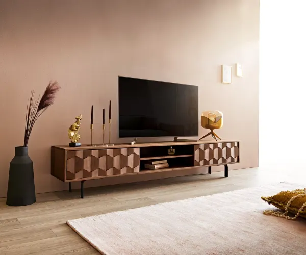 DELIFE TV stolík Fevo 200 cm akácia hnedá 2 dvierka podstava v tvare L