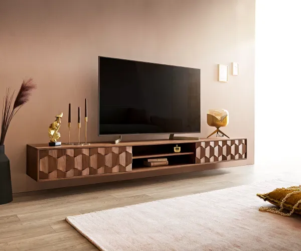 DELIFE TV stolík Fevo 240 cm akácia hnedá závesné 4 dvierka