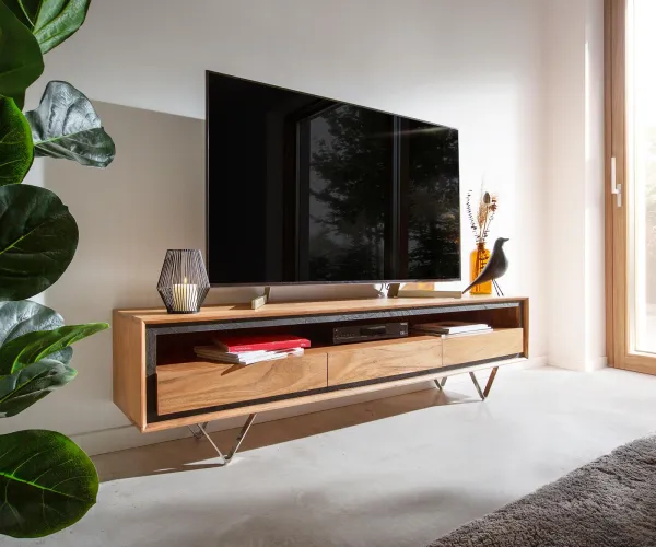 DELIFE TV stolík Stonegrace 175 cm akácia prírodná 1 priehradka 3 zásuvky kamenná dyha podstava v tvare V