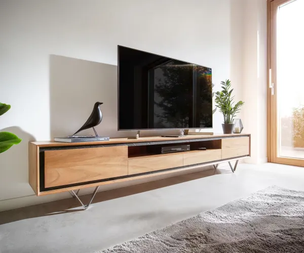 DELIFE TV stolík Stonegrace 240 cm akácia prírodná 2 dvierka 1 priehradka 2 zásuvky kamenná dyha podstava v tvare V