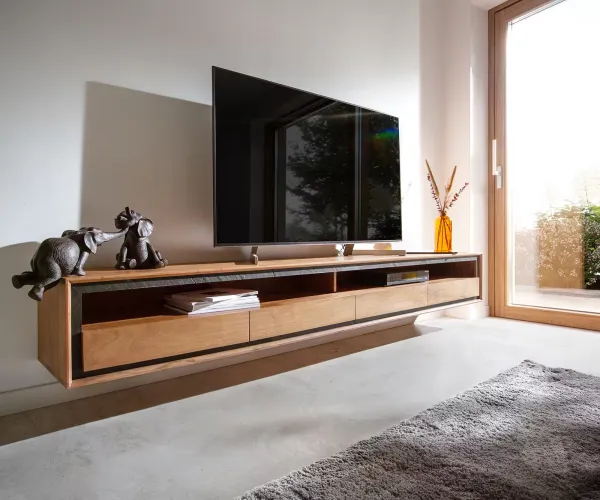 DELIFE TV stolík Stonegrace 240 cm akácia prírodná 2 priehradky 4 zásuvky kamenná dyha závesný