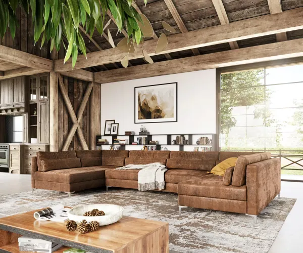 DELIFE Pohovka v tvare U Elio XL 400x185 cm imitácia kože vintage hnedá vintage