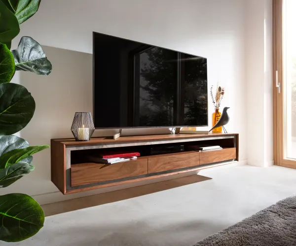 DELIFE TV stolík Stonegrace 175 cm akácia hnedá kamenná dyha 3 zásuvky 1 priehradka závesný