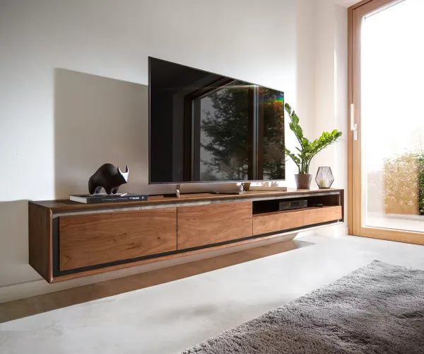 DELIFE TV stolík Stonegrace 240 cm akácia hnedá kamenná dyha 2 dvierka 2 zásuvky 1 priehradka závesný