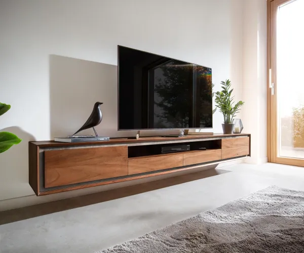 DELIFE TV stolík Stonegrace 240 cm akácia hnedá 2 dvierka 2 zásuvky 1 priehradka kamenná dyha závesný