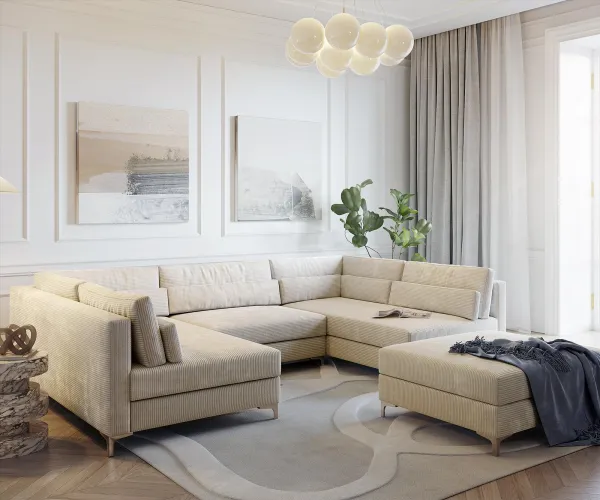 DELIFE Pohovka v tvare U Elio 300x185 cm manšester béžová s taburetom