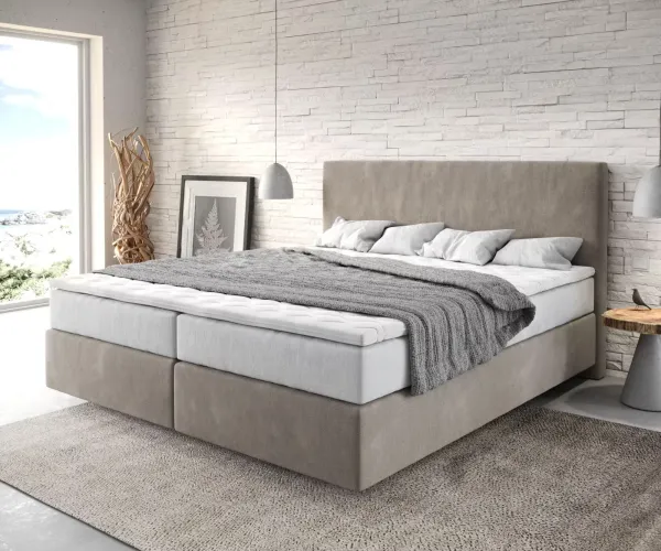 DELIFE Boxspring posteľ Dream-Well 180×200 cm mikrovlákno béžová s vreckovou pružinovou matracou a visco topperom