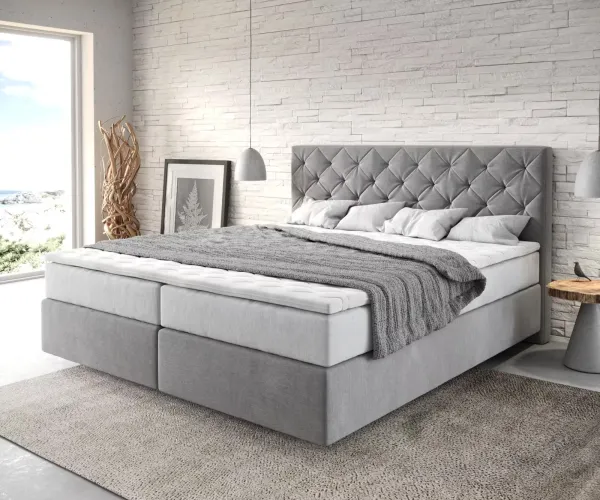 DELIFE Boxspring posteľ Dream-Great 180×200 cm mikrovlákno sivá s vreckovou pružinovou matracou a visco topperom