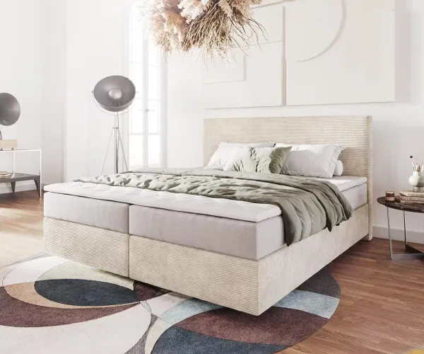 DELIFE Boxspring posteľ Dream-Well 180×200 cm manšester béžová s vreckovou pružinovou matracou a visco topperom