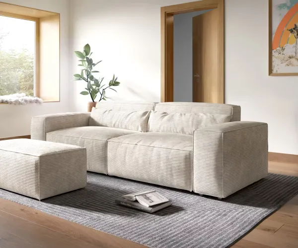 DELIFE Veľká pohovka Sirpio XL 270x130 cm manšester béžová s taburetom