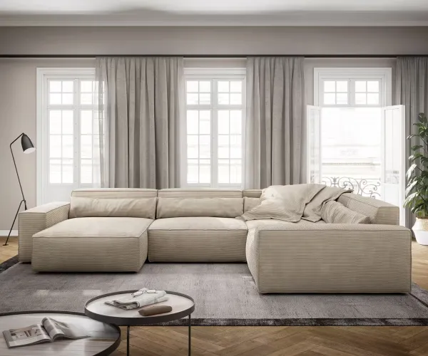 DELIFE Pohovka v tvare U Sirpio XL 360x260 cm manšester béžová variabilné ležadlo