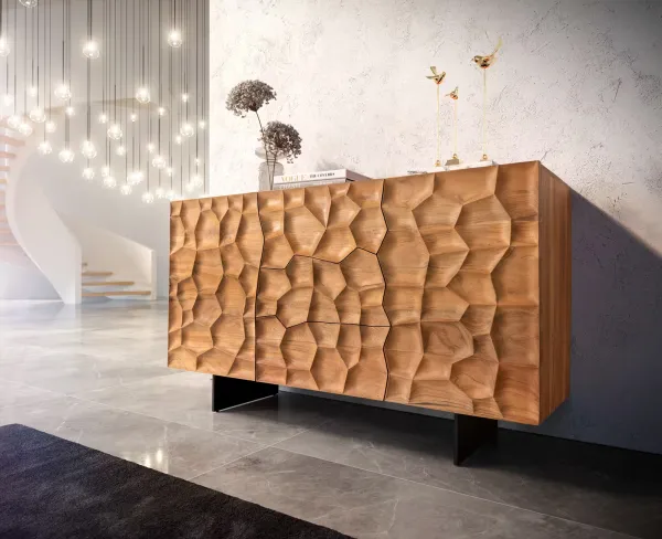 DELIFE Komoda Solu 145 cm akácia prírodná 2 dvierka 3 zásuvky závesná kov čierna 3D čelá