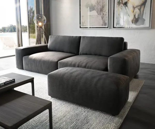 DELIFE Veľká pohovka Lanzo XL 270x130 cm imitácia kože vintage antracitová s taburetom